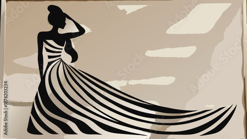 Elegant woman in stylish striped dress posing dramatically