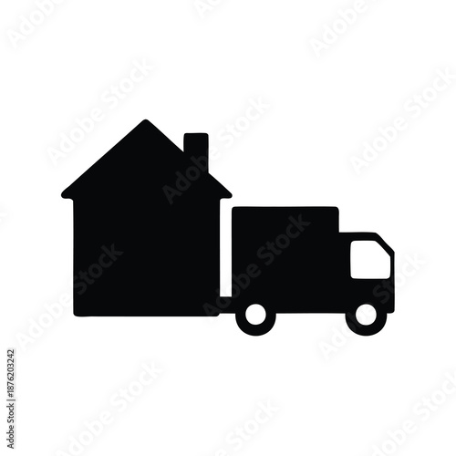 Moving house service icon showing a truck transporting a house structure
