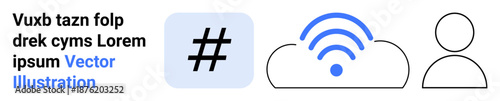 metadata tag icon, cloud with wireless signal, and person outline represent digital connection, social media, and technology. Ideal for networking, communication, tech solutions, sharing ideas