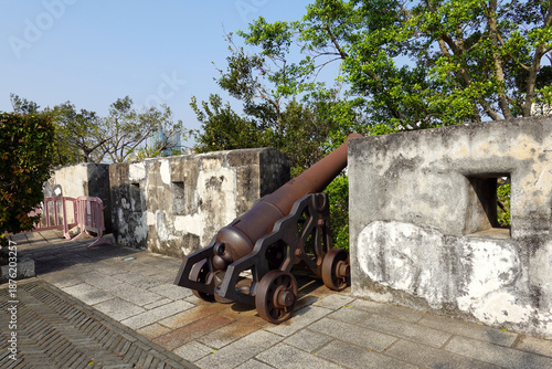 One of muzzle-loading cannons that line the walls of the historic Fortaleza do Monte (Mount Fortress) in Macau, a UNESCO World Heritage site built in the 17th century