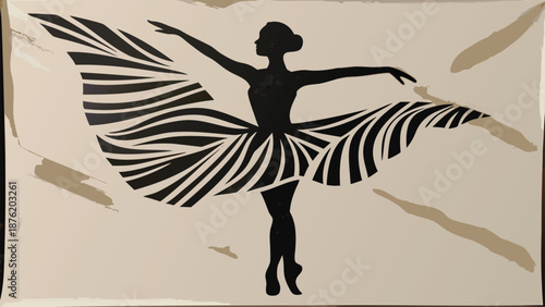 Elegant ballerina in dynamic pose with striped skirt
