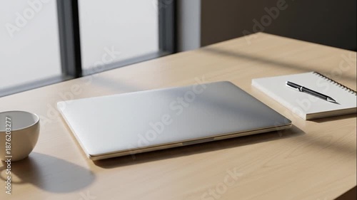 Modern Laptop, Coffee Cup and Notebook on Wooden Desk with Window Light