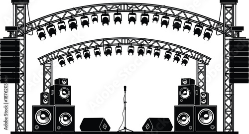 Concert stage setup vector illustration with truss lighting, speaker stacks, microphone stand, outdoor music festival performance design event sound system backdrop