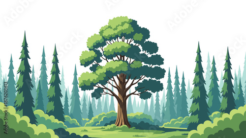 A picturesque cartoon landscape of a lush green forest clearing with a large, magnificent tree in the center, surrounded by smaller pine trees.