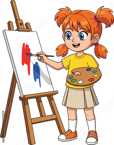 Cute Cartoon Illustration of a Happy Young Artist Girl with Red Hair Painting on Canvas with Palette and Paint Brush
