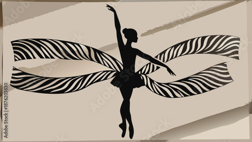 Elegant ballerina in dynamic pose with zebra print ribbons flowing behind her