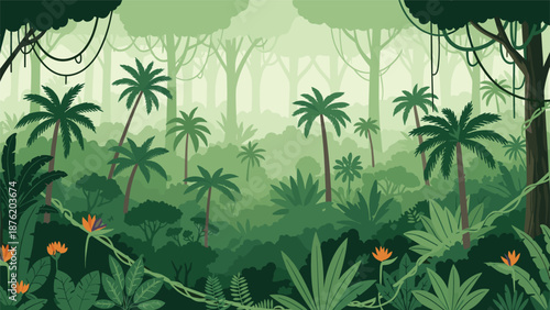 A lush, flat design illustration of a tropical jungle scene with palm trees, dense foliage, and hanging vines creating a vibrant, layered landscape.