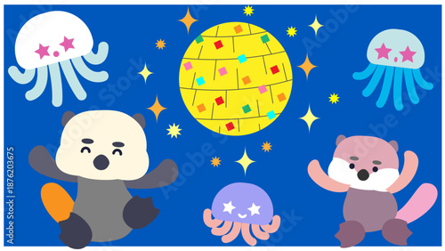夜の海でラッコとクラゲが集まるかわいいファンタジーイラスト