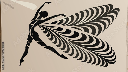 Elegant dancer with butterfly wings in dynamic pose on beige background