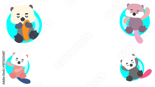 丸フレームの中で遊ぶラッコのかわいいキャラクターイラストセット