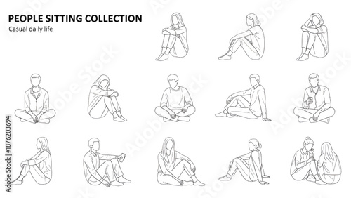 Minimal People Sitting Set for Architecture – Flat CAD Line Art Urban Winter Characters