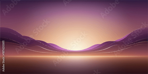 A breathtaking landscape view of a misty sunset over the blue mountain horizon and calm sea water under a glowing evening sky with clouds