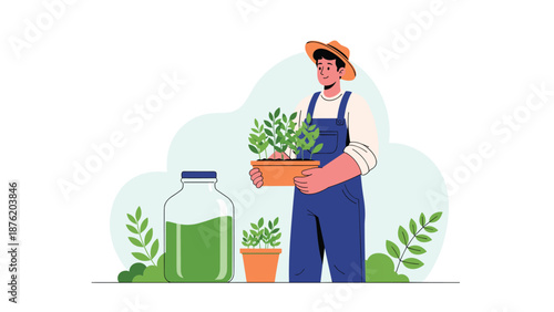 A charming flat illustration of a young male farmer in overalls and a hat, holding a pot of seedlings with gardening supplies nearby.