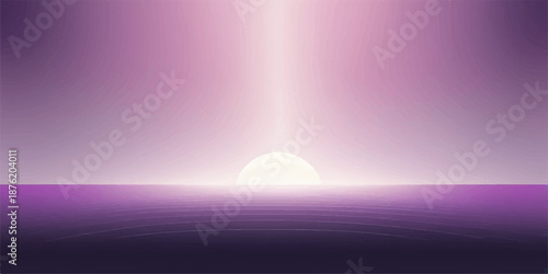 A bright orange sun rises over the deep blue ocean horizon, casting a purple flare across the water and sky in this beautiful nature illustration