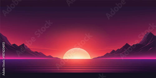 A vibrant orange sky glows during a dramatic sunrise and sunset over the sea and mountains, capturing a silhouette of the nature landscape where the sun meets the ocean horizon at dusk