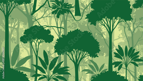 A seamless background of a dense jungle or forest silhouette in dark green, showing layered trees and foliage for a mysterious, natural pattern.