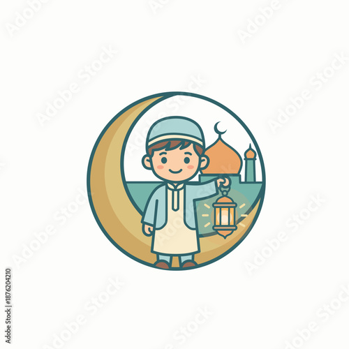 Vector illustration of a little boy in Muslim clothing with a Ramadan Kareem theme 