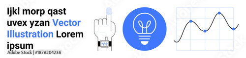 Tech innovation, data analysis, user interaction, wearable gadgets, energy ideas, research trends. Smartwatch with gesture, a lightbulb and graph. Tech innovation and data analysis concept