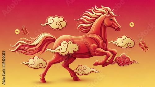 Vibrant red horse runs energetically with flowing mane and tail amidst stylized clouds on gradient background