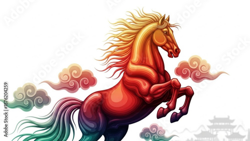Vibrant red horse rearing up with flowing mane and tail surrounded by colorful clouds and ancient architecture