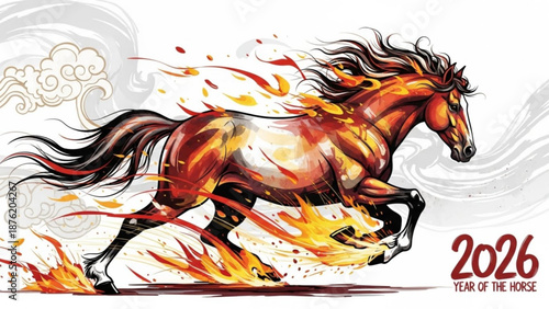 2026 year of the horse illustration fiery brown horse running with flames dynamic zodiac symbol