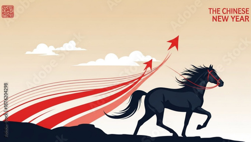 Black horse running with red arrows and streaks on beige background celebrating chinese new year