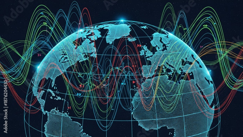 Digital globe with abstract data waves representing global finance and technology perfect for business presentations and digital concepts
