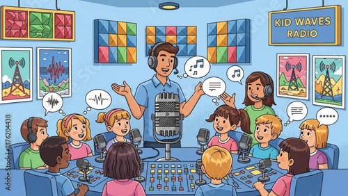 Children and teacher in radio studio recording podcast or broadcast learning communication skills flat vector illustration