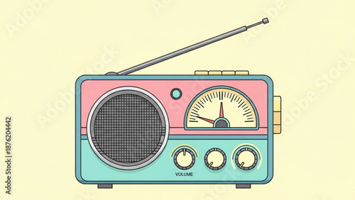 Retro radio illustration with antenna and tuning dial vintage audio device in pastel colors perfect for nostalgia or music concepts