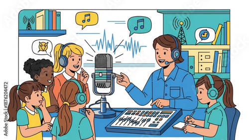 Children learning podcasting with a teacher in a studio recording audio with a microphone and soundboard educational concept for broadcasting and media