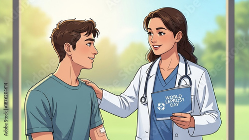 Smiling doctor and patient discussing world hepatitis day outdoors in a park