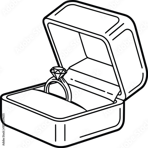 Simple black and white outline drawing depicting an open ring box showcasing a sparkling diamond engagement ring ready for a special proposal moment.