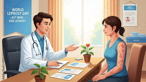 Doctor and patient discussing leprosy awareness and treatment options in a clinic