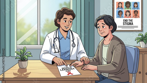 Doctor and patient discussing mental health awareness in a clinic office with end the stigma poster