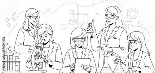Group of focused female scientists working together in a modern laboratory conducting various experiments with glassware and digital tools for discovery