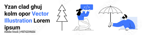 Technology, nature, protection, work-life balance, programming, creativity. Stylized tree, coding figure umbrella and seated figure. Technology and work-life balance concepts