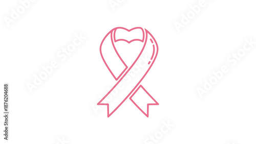 Simple outline illustration of a pink awareness ribbon featuring a subtle heart shape incorporated into the upper loop for support and love