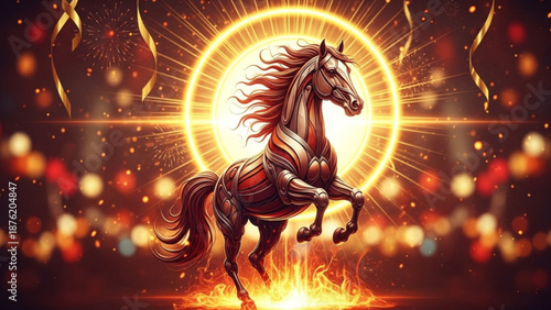 Majestic horse rearing in front of radiant sun with fiery mane and tail surrounded by vibrant lights and bokeh effects