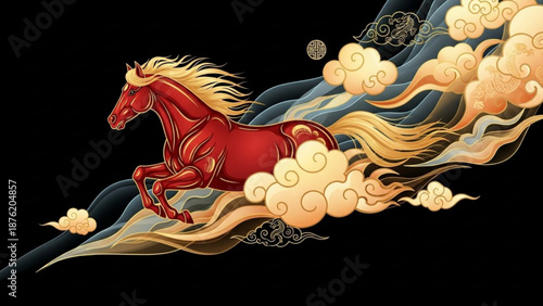 Majestic red horse runs through clouds golden mane flowing in wind dynamic abstract illustration