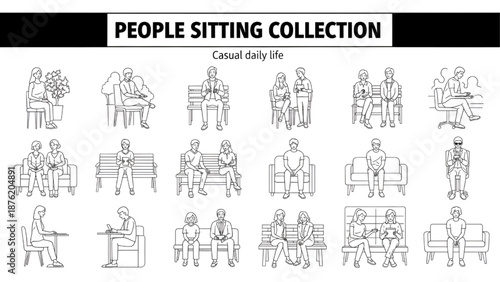 Minimal Urban People Sitting – Architectural Entourage Flat CAD Line Art Characters