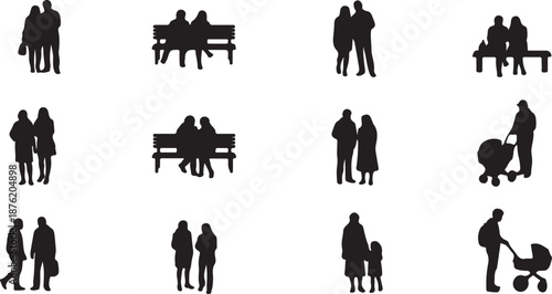silhouettes of architecture drawing people. Architectural drawing kids, teenagers, grandparents or old people and people go set in row section elevation view. characters in architectural.