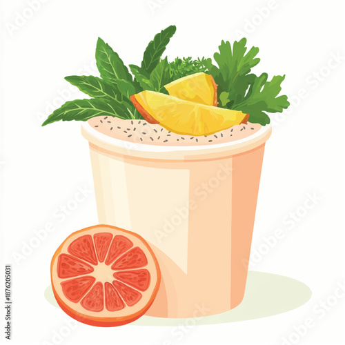  Refreshing Smoothie with Tropical Greens and Citrus Fruit Slices in a Cup.