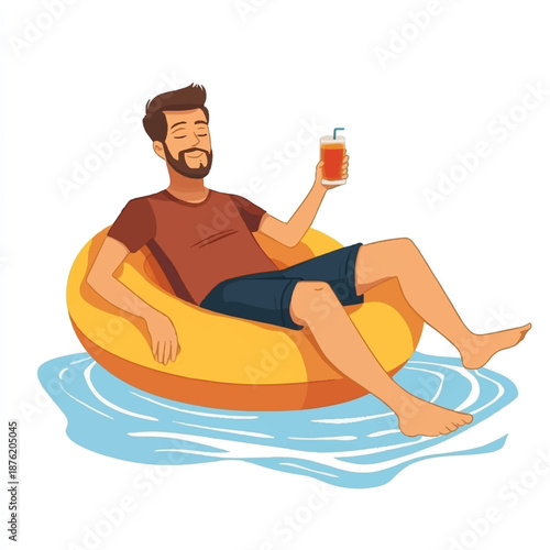 Relaxing Man on Inflatable Pool Tube with Drink