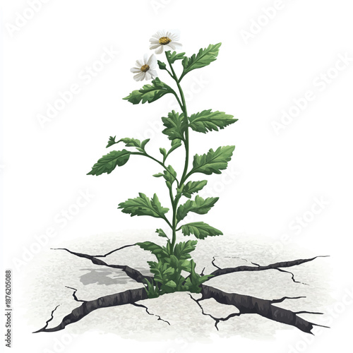 Resilient Daisy Plant Emerging from Cracked Earth
