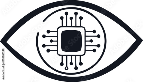 Futuristic eye with microchip implant on black background