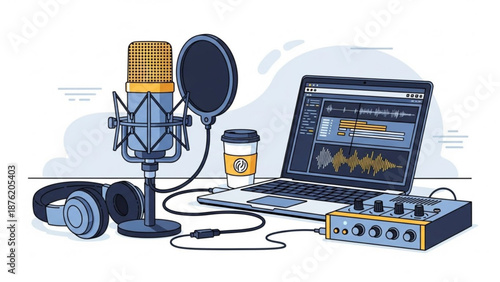 Podcast recording studio setup with microphone headphones laptop with audio editing software and audio interface concept for broadcasting and content creation