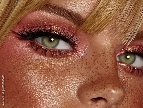 Model face with natural makeup minimalist background soft romantic mood pastel tone beauty dish lighting eye-level angle, Realistic Photo