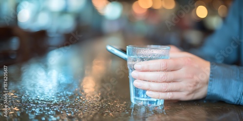 Person casually multitasking water drinking and phone use modern daily routine neutral mood eye-level, Realistic Photo