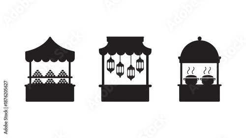 Street Food Stalls Silhouette in Simple Monochromatic Minimalist Style for Flat Icons and Market Illustrations