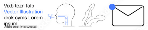Health education, nature studies, communication tools, email alerts, digital correspondence, conceptual graphics. Outlines of airflow in a head, leaves and a mail icon. Health education